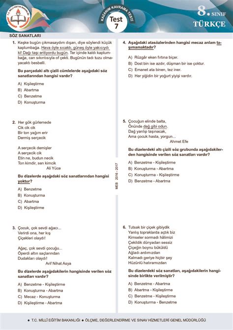 7 sınıf türkçe söz sanatları test pdf